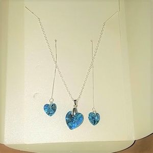Blue crystal heart necklace and earring set